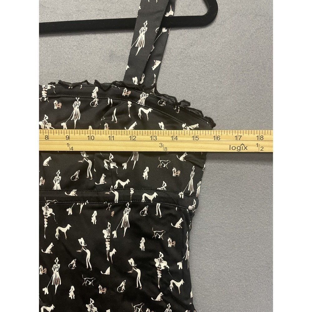 Black Novelty Dog Walker Print Ruffle Trim Sheath Dress Sleeveless Square‎ Neck - Picture 5 of 12